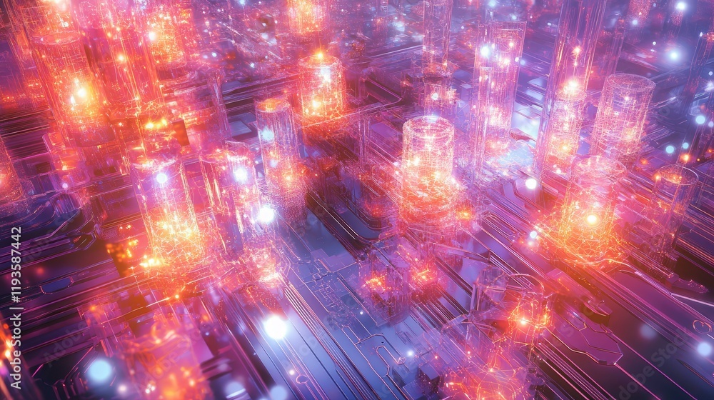 Poster high-tech quantum circuit board with transparent chips and glowing energy paths forming a complex di