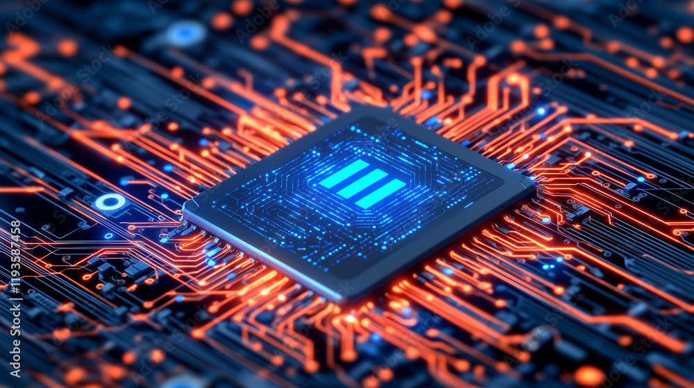 Poster close-up of a glowing computer microchip on a futuristic circuit board with blue and red neon lighti