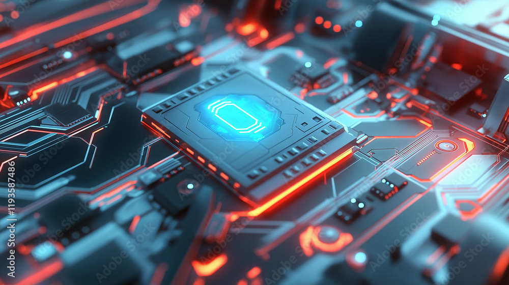 Poster close-up of a glowing computer microchip on a futuristic circuit board with blue and red neon lighti