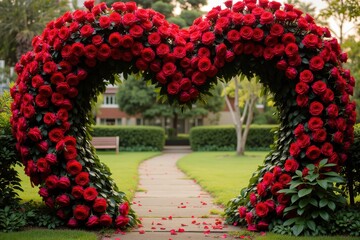 Beautiful Heart-Shaped Archway Made of Red Roses in a Lush Garden Pathway Surrounded by Greenery and Soft Petals