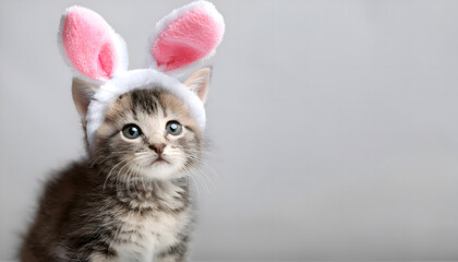 cute, baby, cat, animal, kitten, pet, domestic, with, easter, rabbit, ears, ear, copy space, modern, on, new, grey, solid, background, card, design, banner, portrait, white, kitty, pets, photo, studio