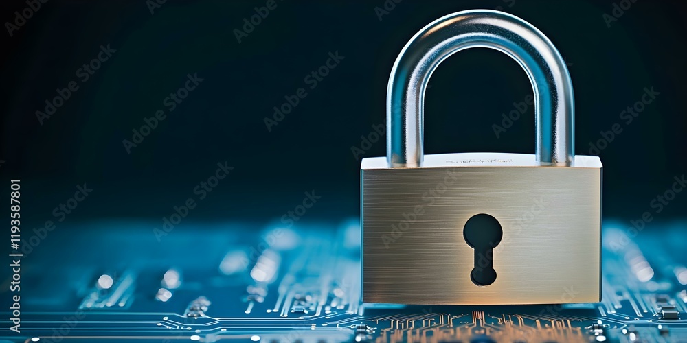 Poster a metallic padlock positioned on a circuit board background, symbolizing security and protection in 