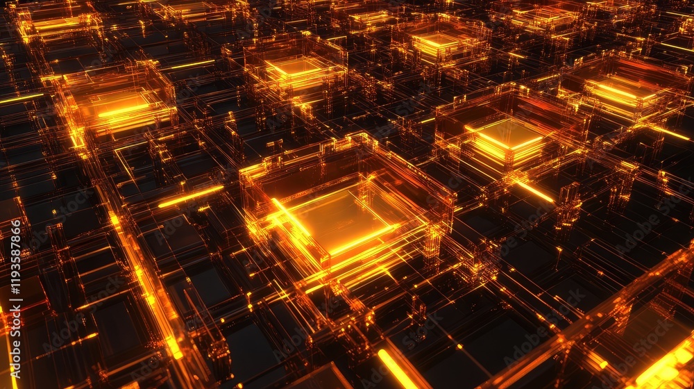 Poster high-tech quantum circuit board with transparent chips and glowing energy paths forming a complex di