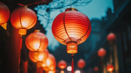 Obraz premium Traditional red lanterns are suspended above a busy street, signifying wealth and good fortune during the Chinese New Year festivities.