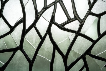 Abstract art featuring an intricate network of black lines forming geometric shapes on a frosted glass background.
