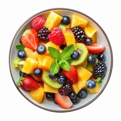 Obraz premium A bowl of fruit salad with assorted fruits and a sprinkle of mint leaves, isolated white background, vibrant art style