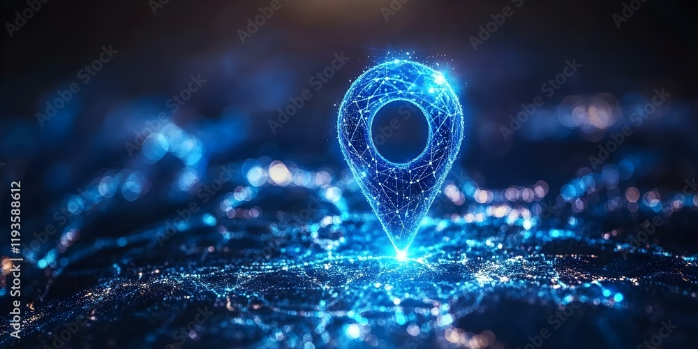 Poster a glowing digital location pin on a dark, network-like surface, representing navigation and technolo