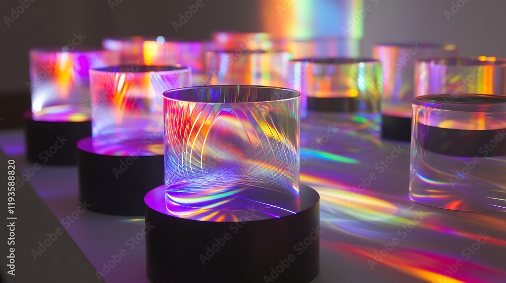 Wall mural optical systems prisms and diffraction effects creating vibrant light spectrums emphasizing wave mec