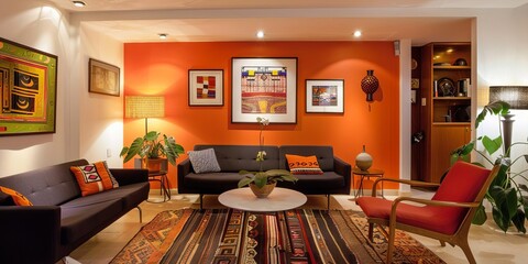 A cozy living room with warm orange walls, stylish furniture, and decorative art pieces.