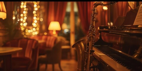 A cozy lounge featuring a saxophone and piano, illuminated by warm lights, perfect for live music.