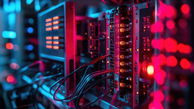 High-tech quantum cryptography setup, showcasing quantum computers and encryption algorithms protecting communication channels and data exchanges
