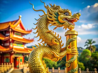 Majestic Golden Dragon Pole, Asian Culture Symbol, Empty Space for Text