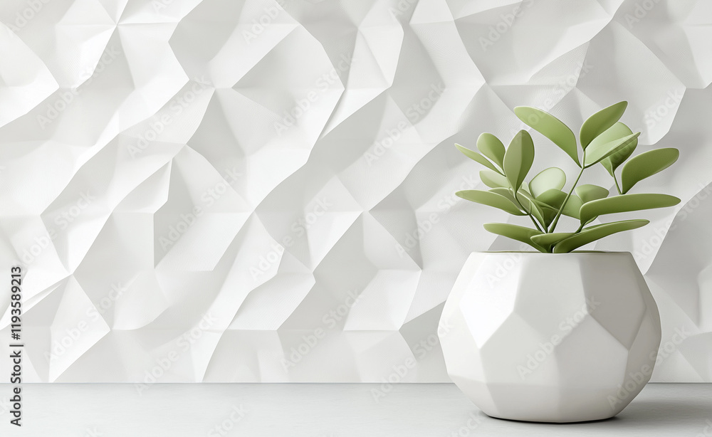 Poster a minimalist white geometric background with a faceted surface and a potted green plant in a matchin