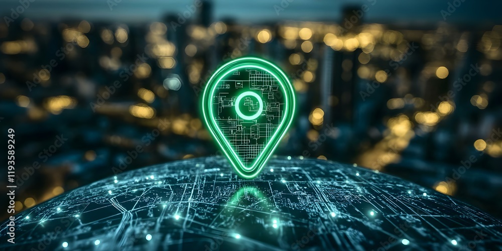 Poster a digital map pin illuminated in green, situated over a globe with circuit patterns, against a blurr