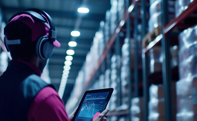 A warehouse worker wearing a headset and viewing data on a tablet, surrounded by high shelves and dim lighting.
