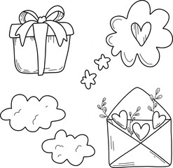 Valentine's Day set of vector illustrations. Illustrations about love: confession, love message, heart, love potion, falling in love. Linear illustration on white isolated background