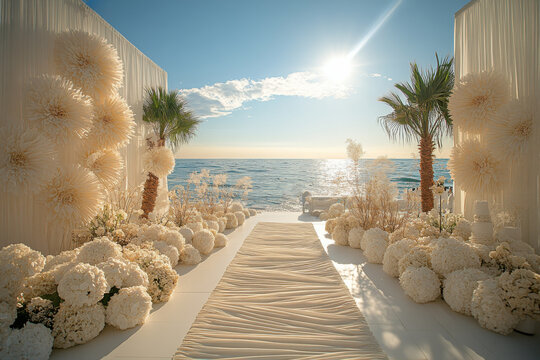 Wedding white pathway leads to beach with palm trees, decorated flowers