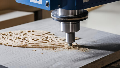 Close up of a cnc milling machine cutting intricate circular pattern into a piece of wood or composite material with sawdust