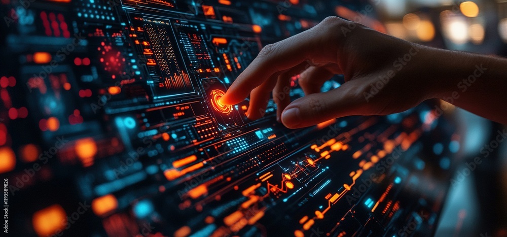 Poster futuristic hand interacting with a digital interface filled with vibrant data visualizations in a mo