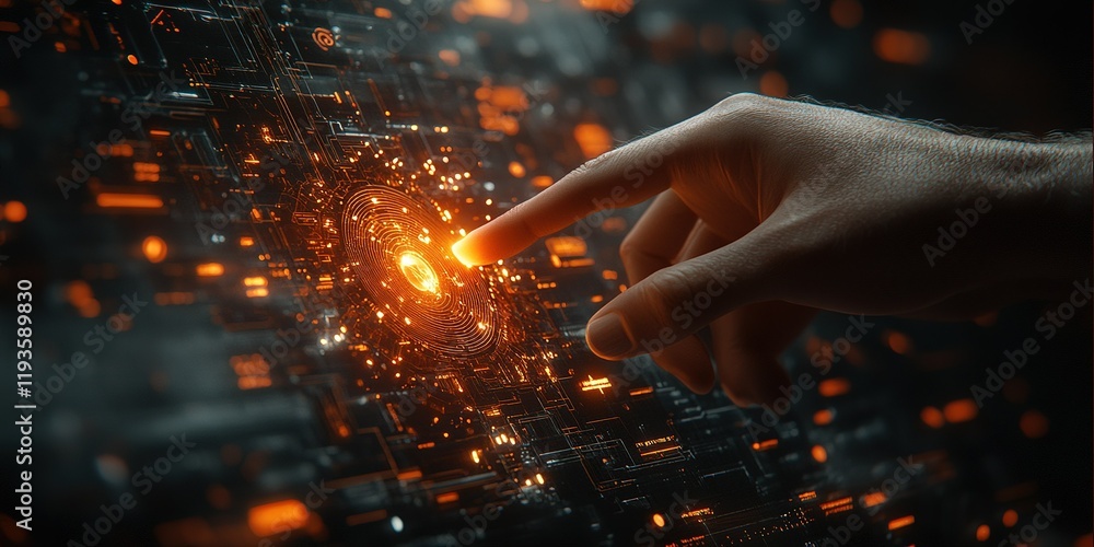 Poster touching a glowing interface with intricate digital patterns in a futuristic setting