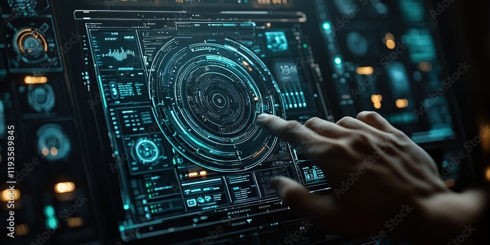 Poster interactive digital interface displays advanced data analytics at a futuristic control station