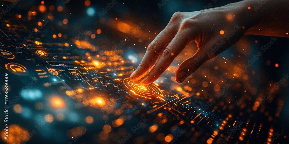 Poster hand interacting with glowing touch screen interface at a digital technology exhibit in a futuristic