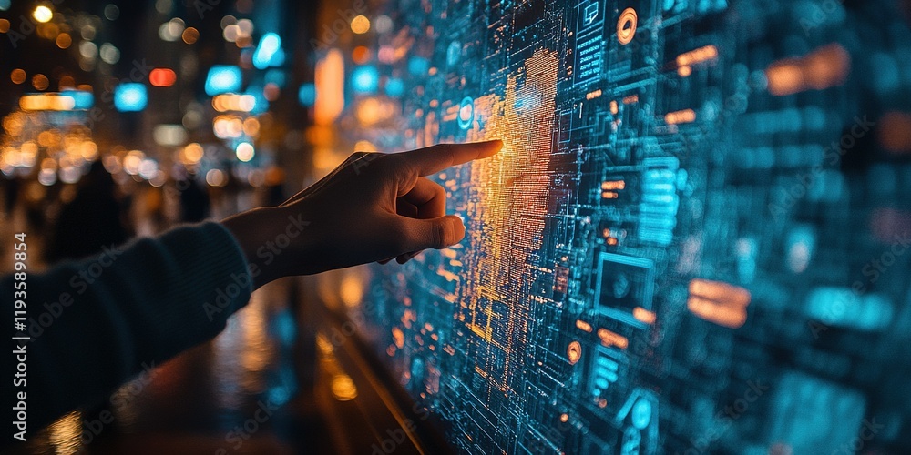 Poster engaging with a digital interface displaying vibrant data patterns at night in a bustling urban envi