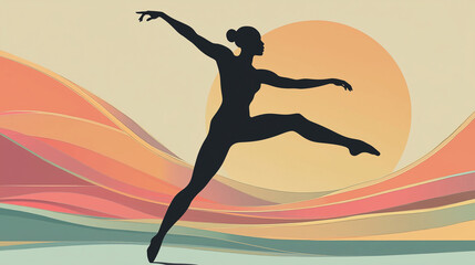  Silhouette of dancer leaping against colorful abstract sunset