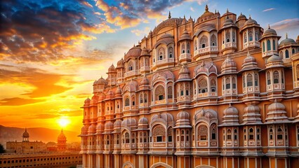 Fototapeta premium Majestic Hawa Mahal Jaipur India, Intricate Latticework Palace, Architectural Marvel, Rajasthan Landmark, Sunrise View