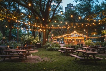 Obraz premium A cozy outdoor seating area with string lights, perfect for gatherings and relaxation.