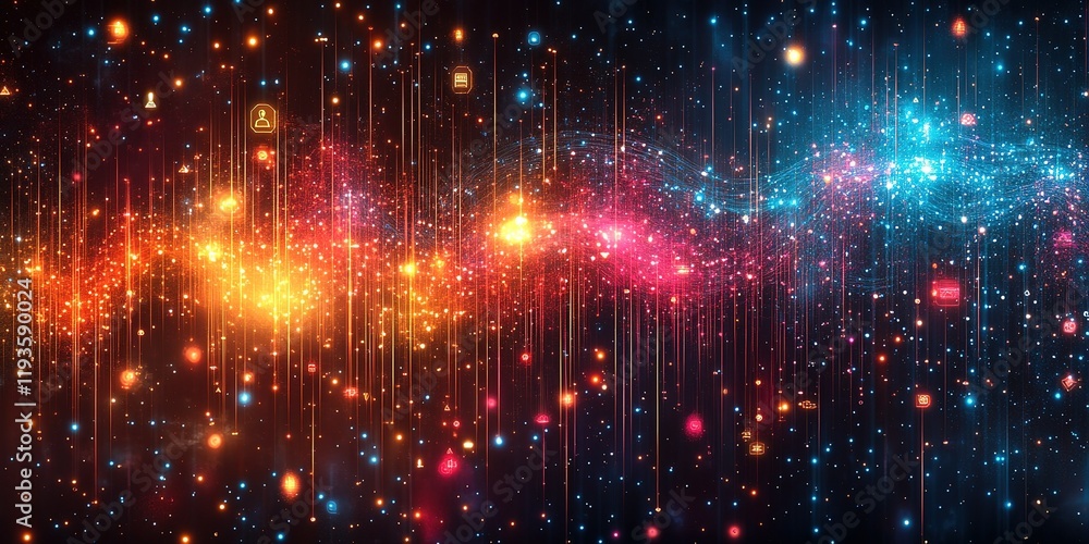 Poster cosmic digital vibes with colorful stars and icons representing technology and creativity