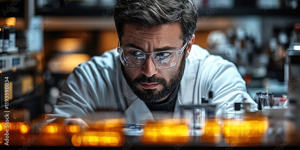 Poster research scientist analyzing samples in laboratory during late evening hours with focused expression