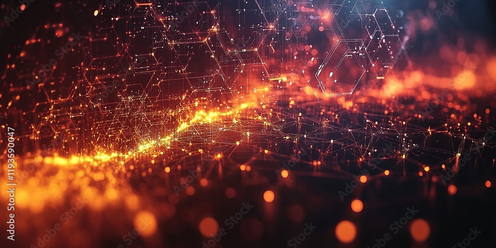 Poster dynamic visualization of interconnected particles glowing in a dark space representing advanced tech