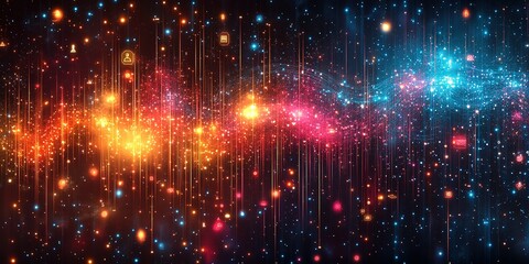 Cosmic digital vibes with colorful stars and icons representing technology and creativity