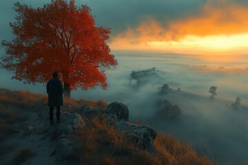Obraz premium Matin d’automne brumeux à la campagne avec feuillage orange et rouge