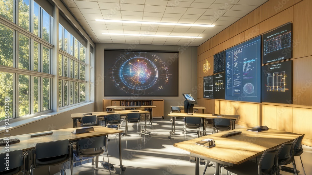 Poster high-tech quantum education classroom with virtual reality tools allowing students to explore quantu