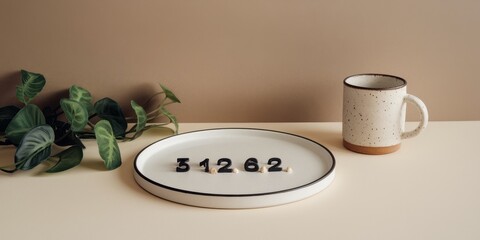 Numbers arranged on a plate beside a mug and plant