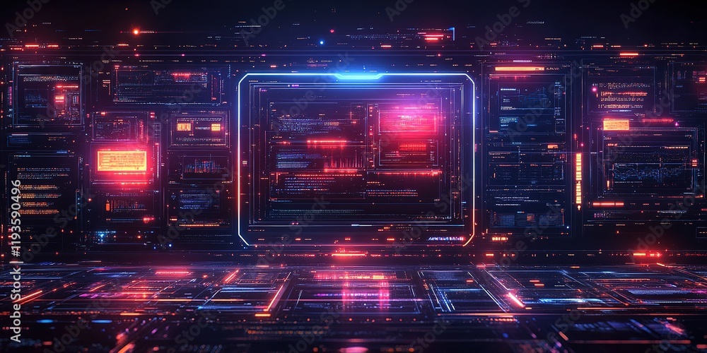 Poster vibrant digital interface showcasing advanced technology in a futuristic setting with glowing elemen