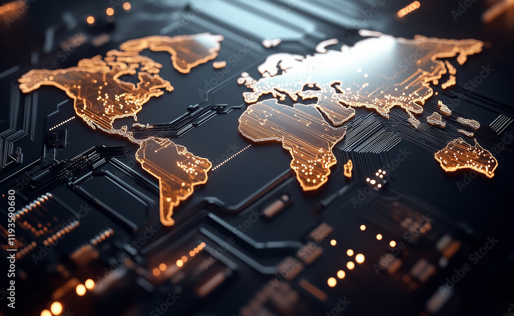 Poster a glowing world map with illuminated cities on a dark surface, symbolizing global connectivity and t
