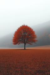 Matin d’automne brumeux à la campagne avec feuillage orange et rouge