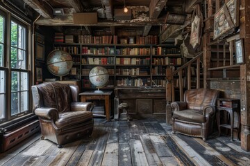 Obraz premium A cozy reading nook with leather chairs, a wooden desk, bookshelves, and globes.
