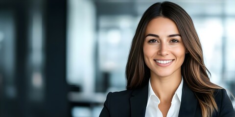 A smiling woman in a professional setting, wearing a black blazer and a white shirt. The background is blurred and modern. Concept Professional Attire, Confident Woman, Blurred Modern Background