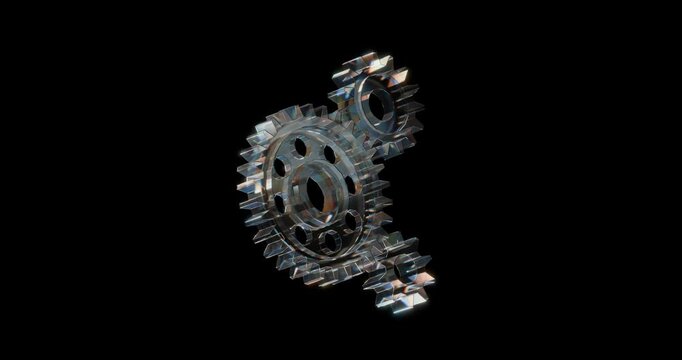 Endless animation of 3d glass spinning gears. Render transparent cog wheels with overlay dispersion light, rainbow gradient.Animated looped gearshift with refraction effect isolated on dark background