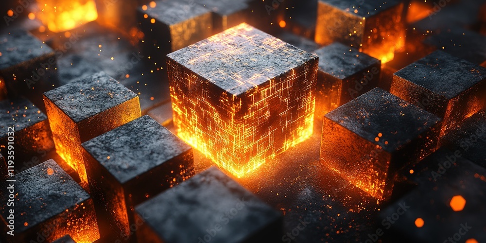 Poster glowing cubes in a fiery landscape create a dramatic and intense visual effect during twilight hours