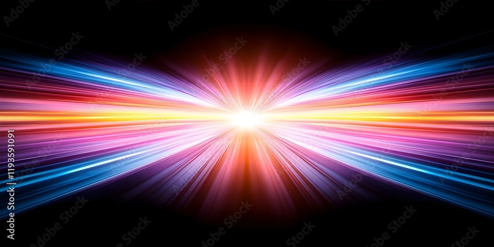 Poster a vibrant burst of light with colorful rays radiating outward against a black background, creating a