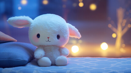 Adorable White Plush Rabbit Toy in a Cozy Night Scene