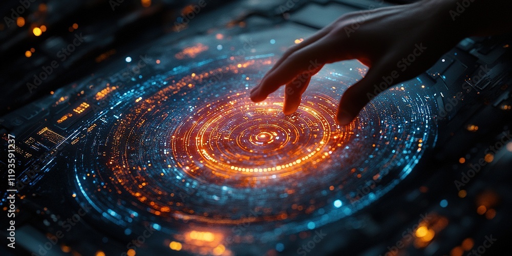 Poster hand touches a glowing digital interface displaying vivid scientific data and cosmic patterns in a f