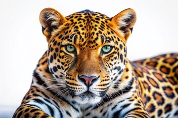 Obraz premium Majestic Leopard Close-Up: Stunning Spotted Fur and Piercing Gaze on Plain Background