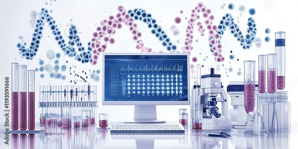Poster laboratory setup displaying modern biotechnology with dna patterns and scientific equipment in use