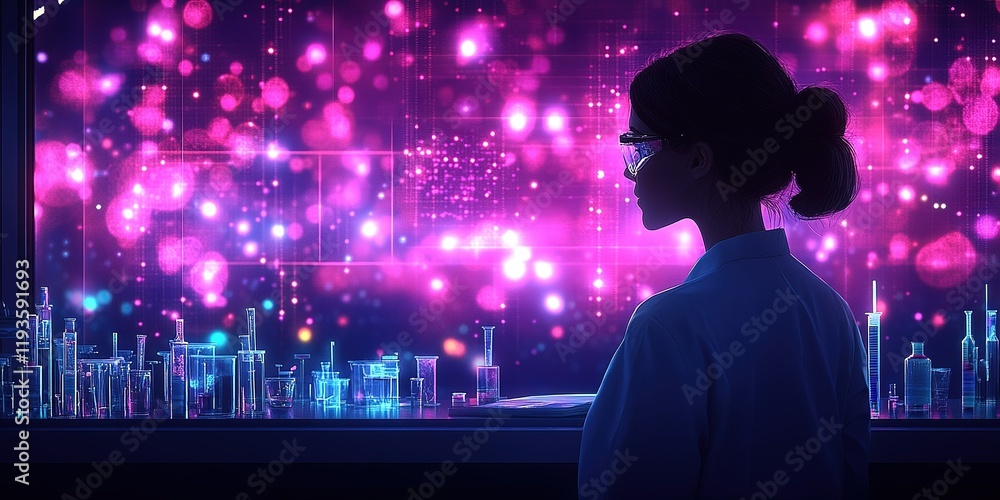 Poster scientist observing colorful data visualizations in a laboratory environment at night